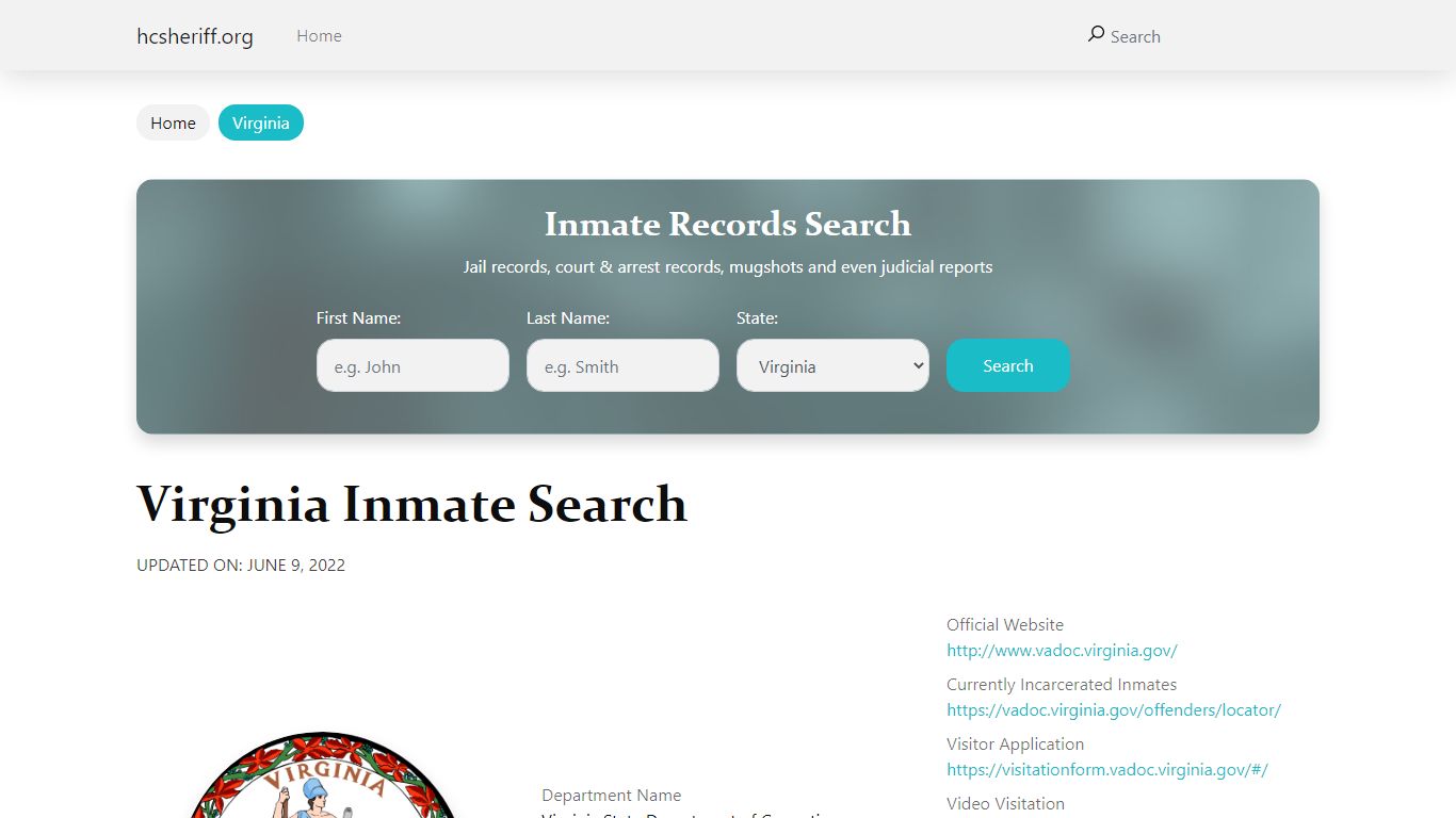 Virginia Inmate Search – Virginia State Department of Corrections ...